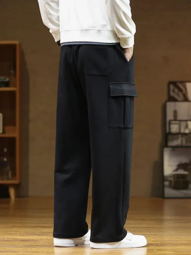 Men's cargo sweatpants with multiple pockets, black cotton, drawstring waist, wide straight legs, size 8XL