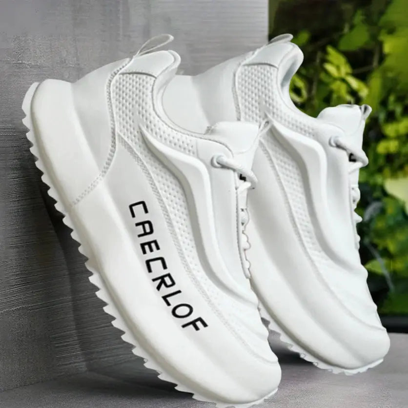 Men's white lightweight non-slip breathable wear-resistant running sneakers from CAECLOF with chunky soles, pair