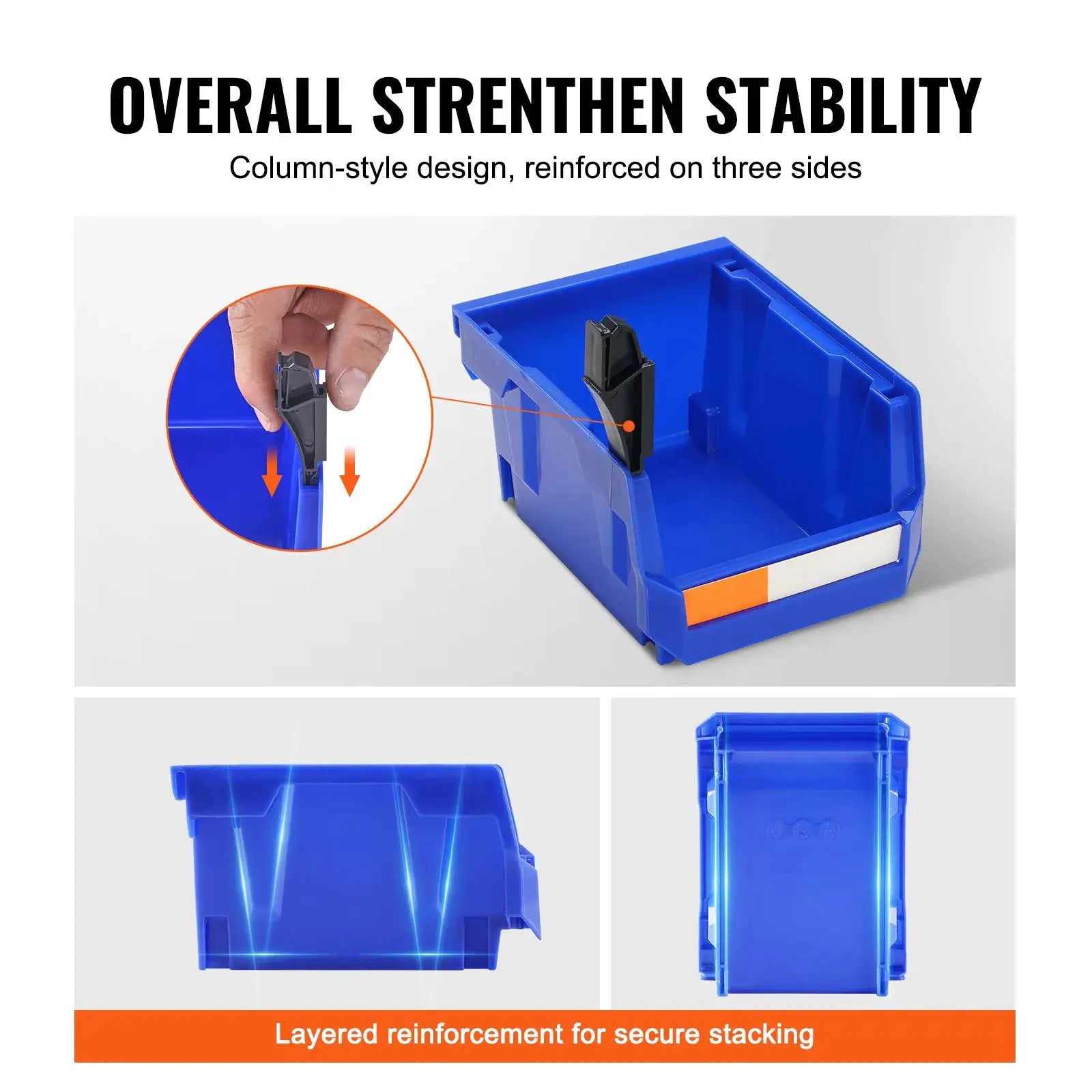 Blue plastic SucceBuy storage bin organizer, 24-piece stackable set with locking latch.