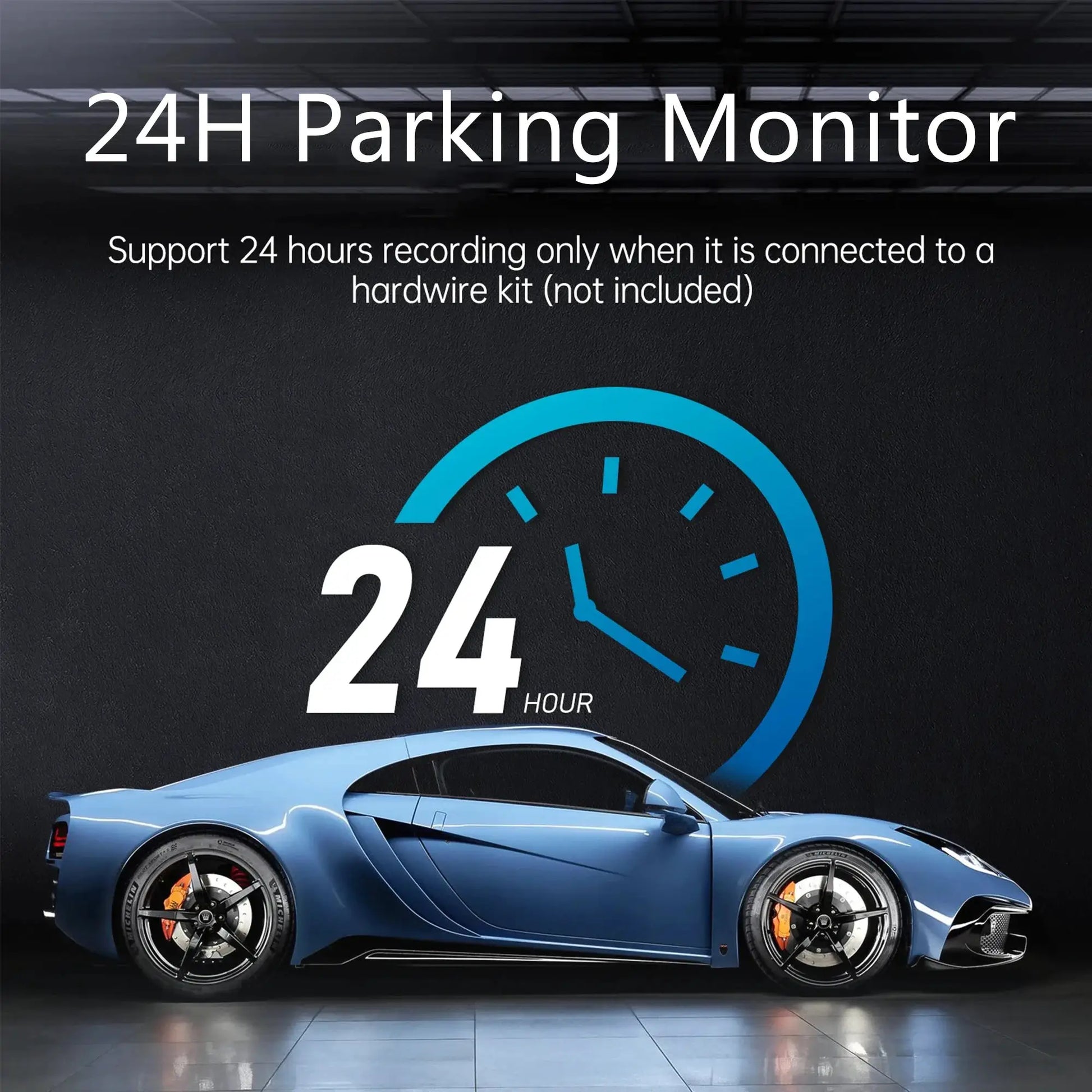4K dash cam banner with blue sports car beneath a 24H Parking Monitor graphic