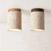 Japanese style LED ceiling lamp pair, cylindrical concrete-textured downlights with wood caps, surface-mounted