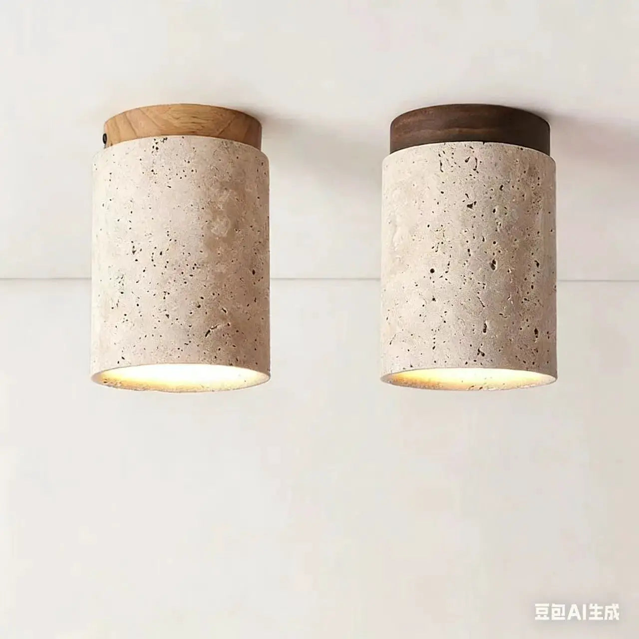 Japanese style LED ceiling lamp pair, cylindrical concrete-textured downlights with wood caps, surface-mounted