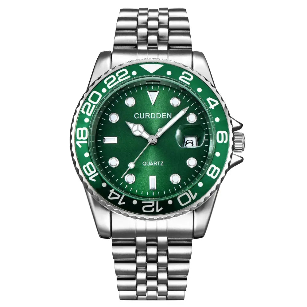 Men Calendar Quartz Watch With Green Dial Stainless Steel Band Full Calendar Function Casual Everyday Timepiece