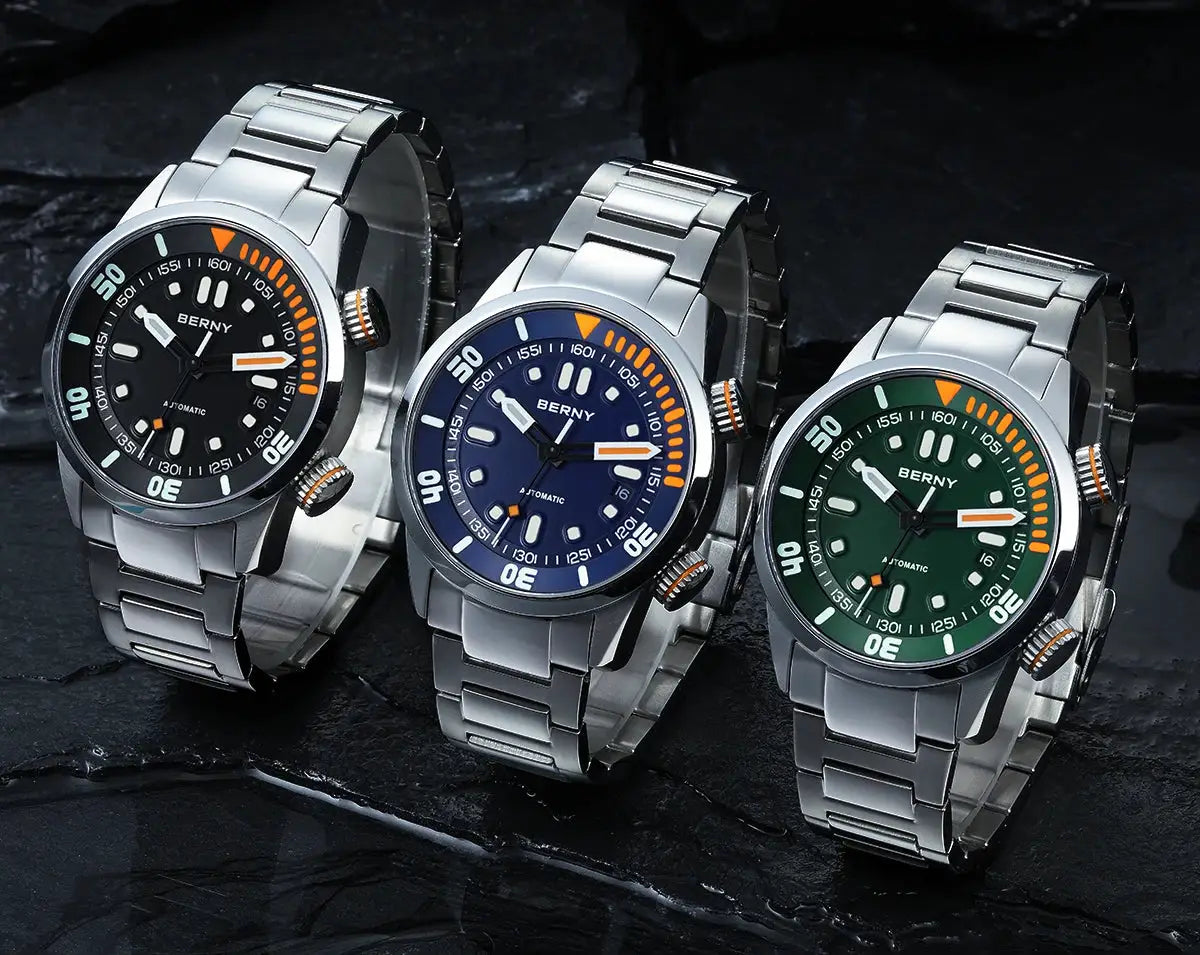 3 BERNY automatic dive watches with stainless steel bracelets and black, blue, and green dials