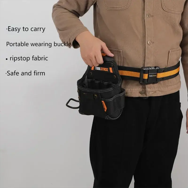 TOOLSTACK work belt with quick-release steel buckle, orange accents, and black tool pouch with 3 clip hooks.