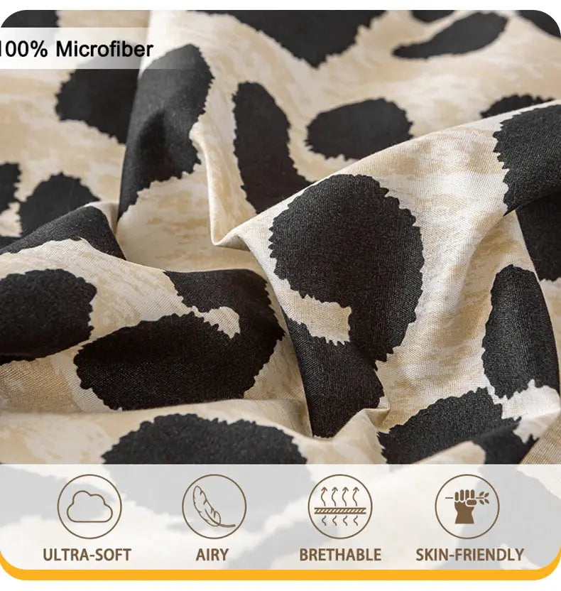 3pc leopard print duvet cover set in beige and black; 100% microfiber; includes duvet cover and 2 pillowcases.