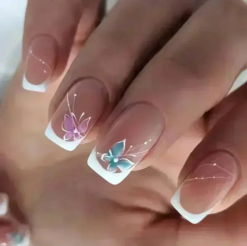 GlamNail Pro 24Pcs Short Square Coffin Press On Nails Set With Glue French Glitter Ballet Style