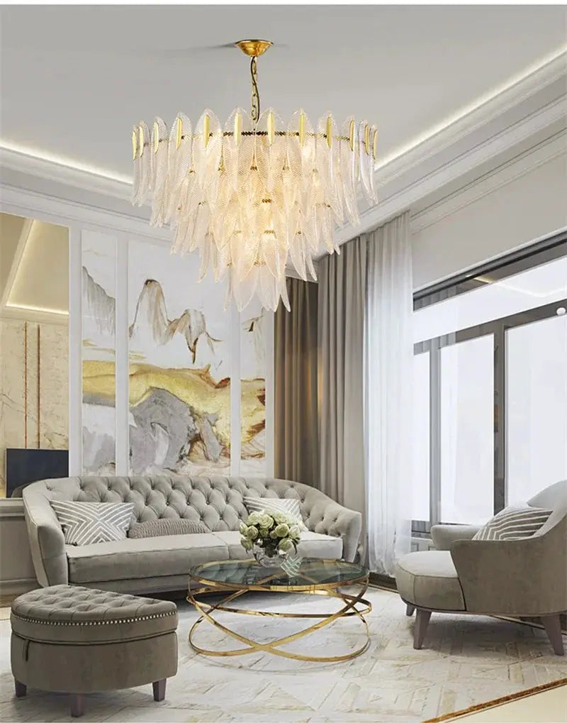 Glass chandelier by Simples Market; gold-toned Nordic designer pendant lamp for living room.
