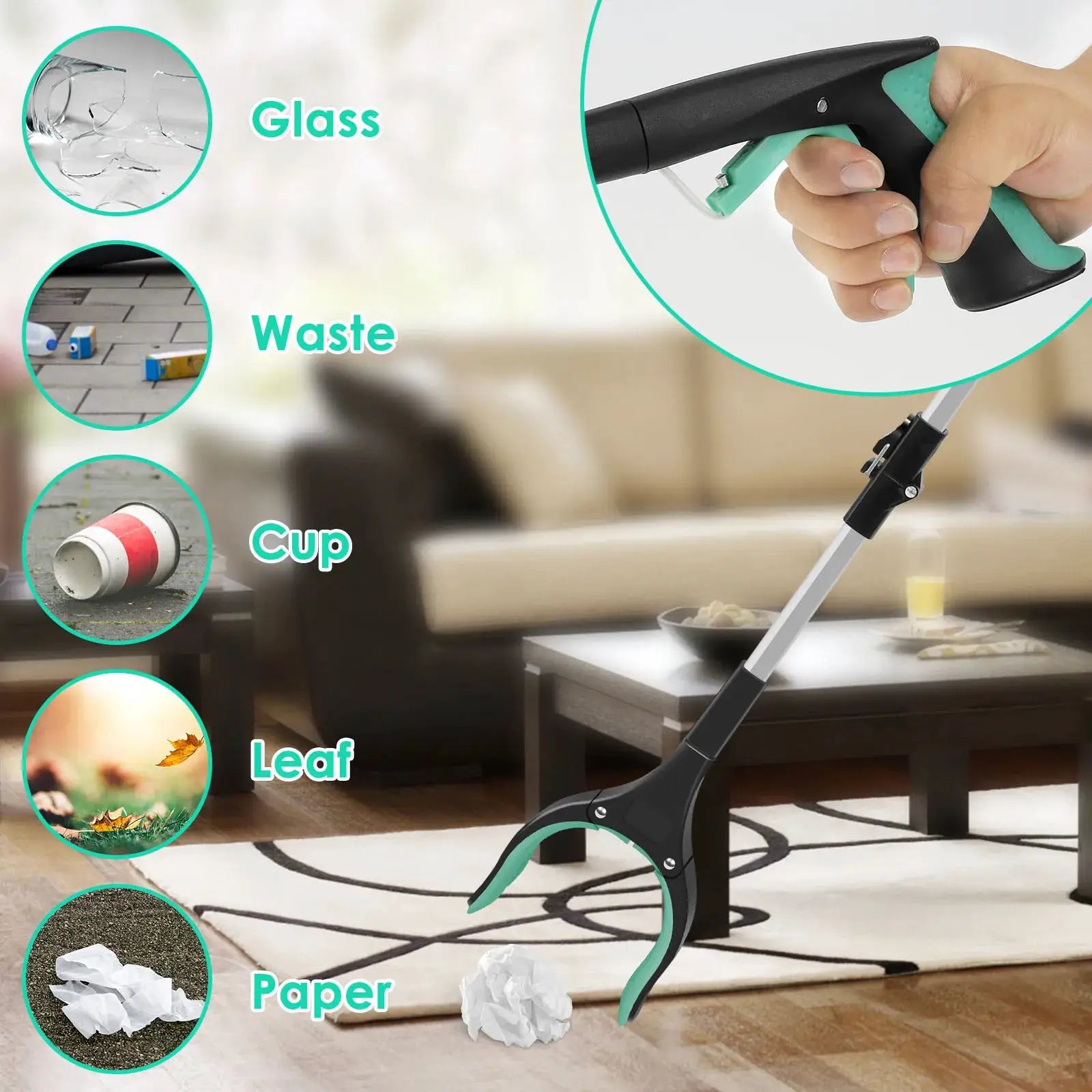 Foldable gripper extender reacher by Simples Market with non-slip jaws; turquoise and black handle.