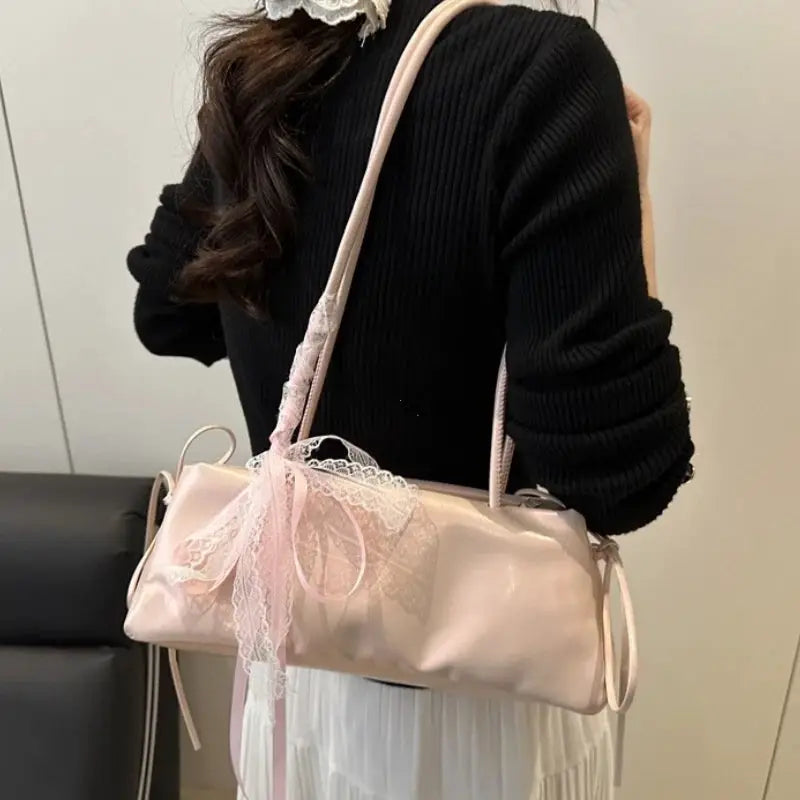 Simples Market pink PU square bag with lace bow decor, shoulder bag
