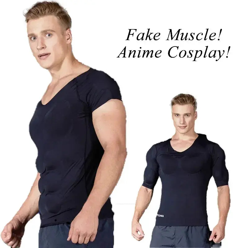 3D fake muscle cosplay T-shirt, black compression undershirt with built-in arm and chest muscles