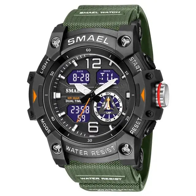 SMAEL sport military wristwatch for men with green strap, black case, LED backlight and dual time display