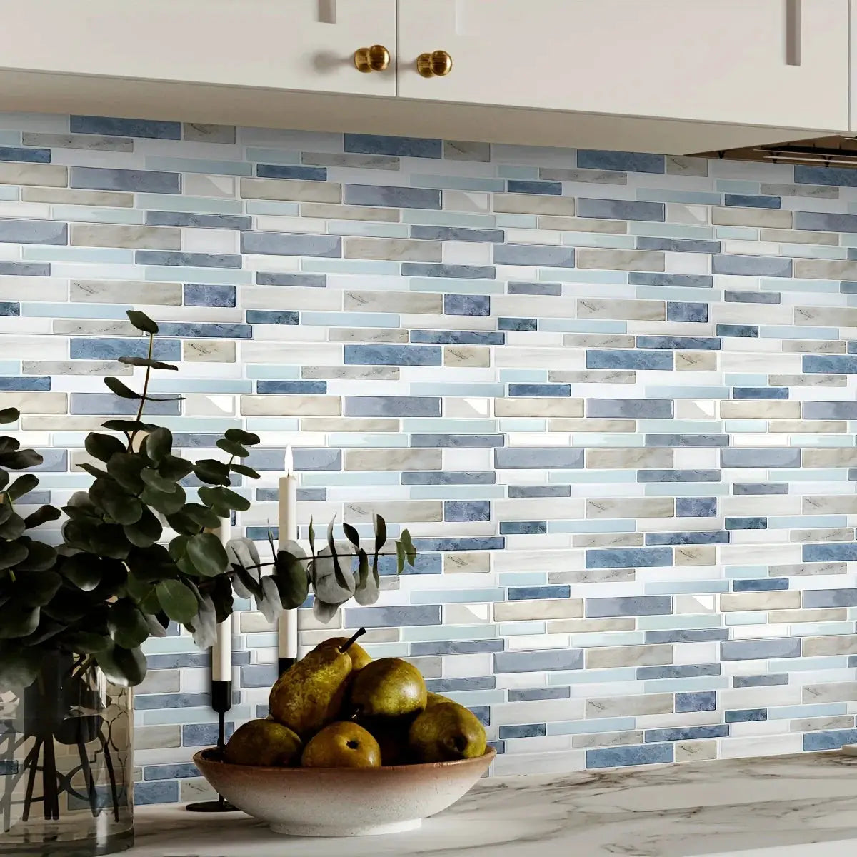 Kitchen tile stickers, 25pcs blue-gray marble-pattern with 3D effect; waterproof, oilproof, self-adhesive
