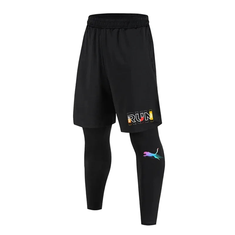 Men's black 2-in-1 compression sport pants with outer shorts over inner tights, featuring RUN logo on thigh and colorful horse graphic.