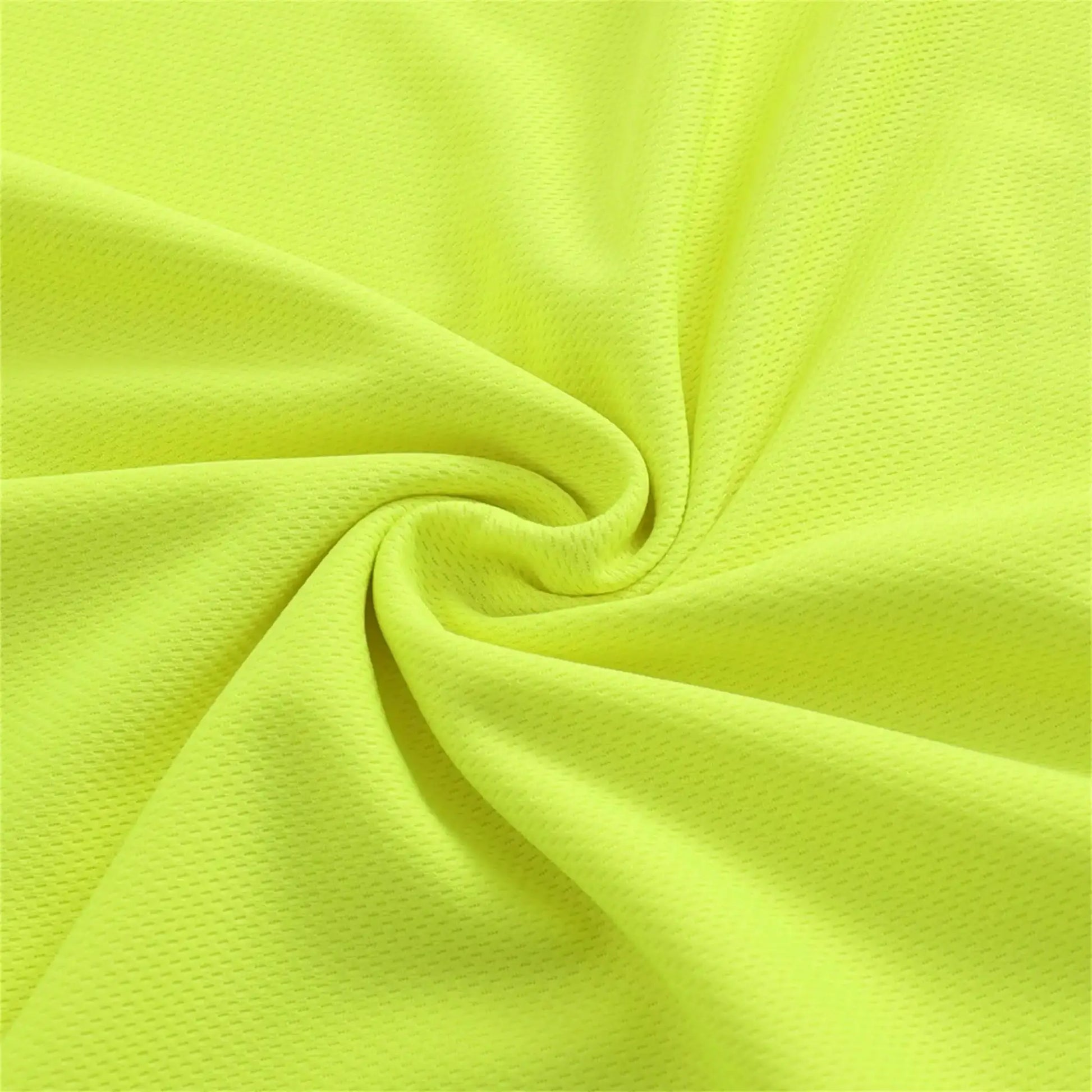 Men's performance long-sleeve T-shirt fabric in neon lime, breathable moisture-wicking close-up texture.