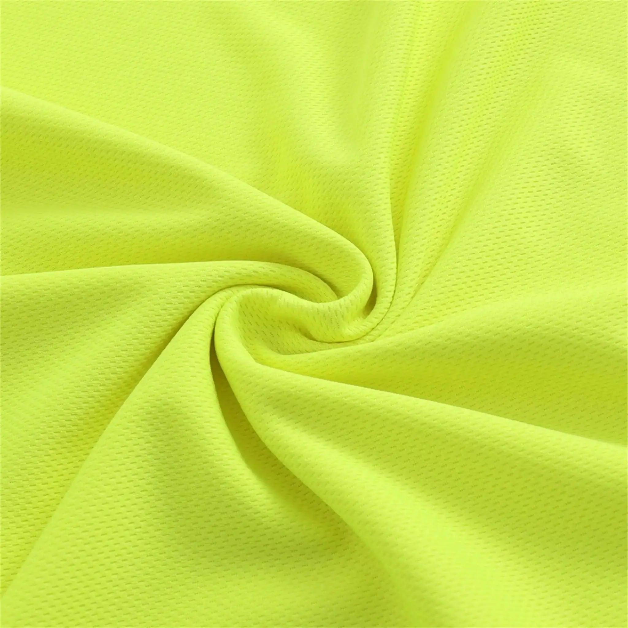 Men's performance long-sleeve T-shirt fabric in neon lime, breathable moisture-wicking close-up texture.