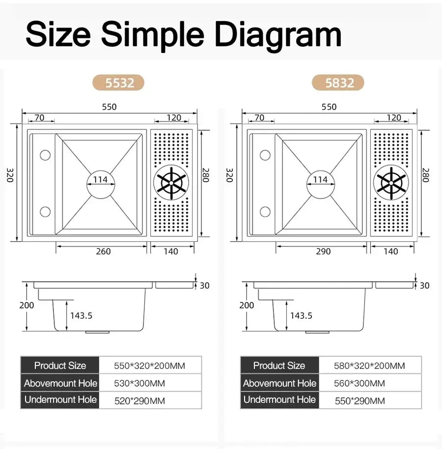 ASRAS Nano black kitchen sink; two size diagrams with lifting faucet and cup washer by Simples Market