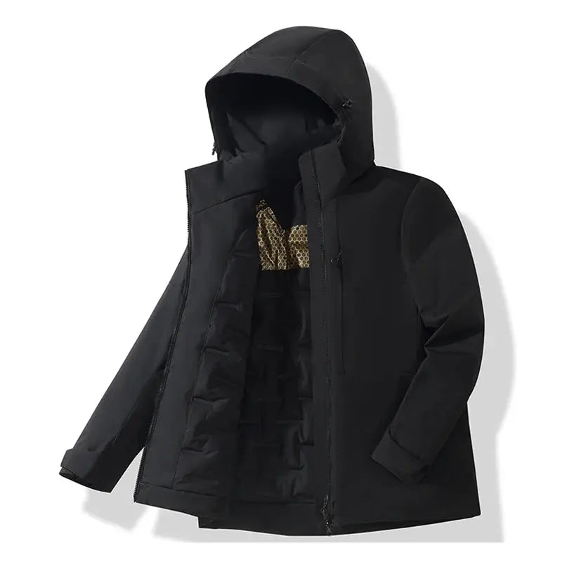 JNLN unisex black waterproof fleece windbreaker jacket with hood and quilted inner lining