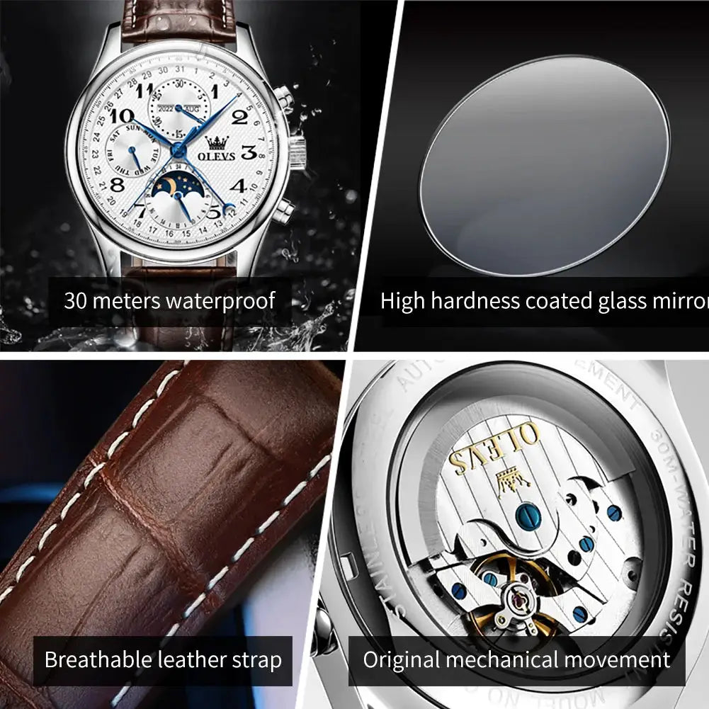 OLEVS 6667 men's automatic watch with white dial, moonphase, blue hands, brown leather strap, waterproof 30m