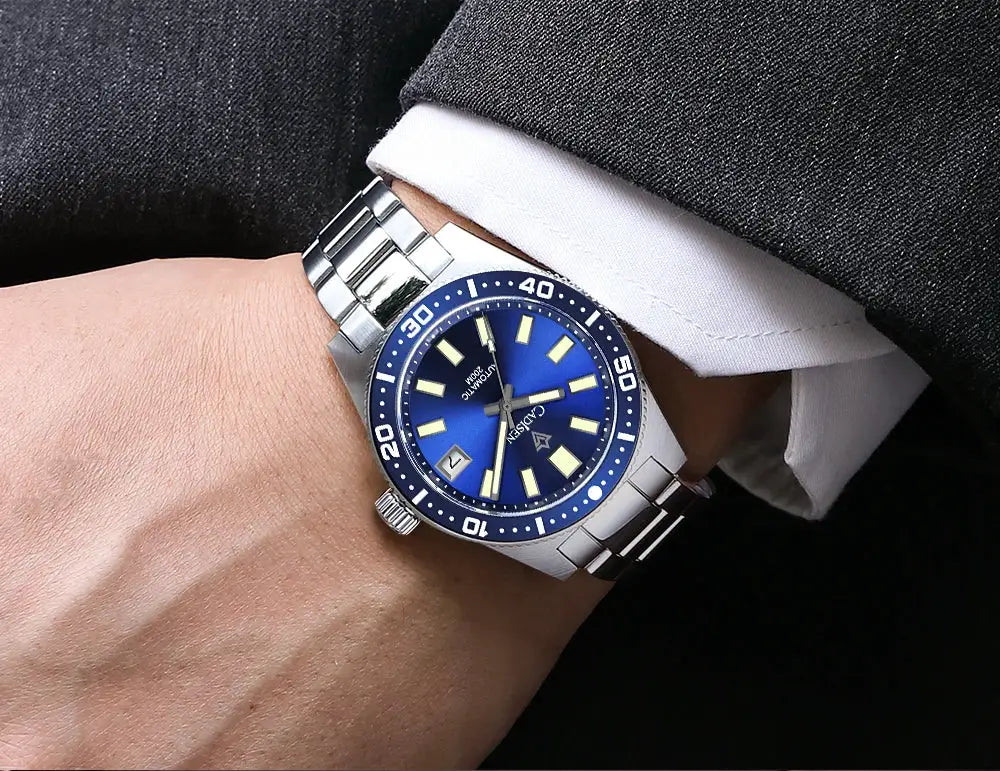 CADISEN 38mm diver men's watch with blue dial, stainless steel bracelet, date, luminous markers, 100m water resistance