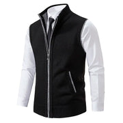 Men's black knit sleeveless vest with stand collar, zip front and grey-trim pockets