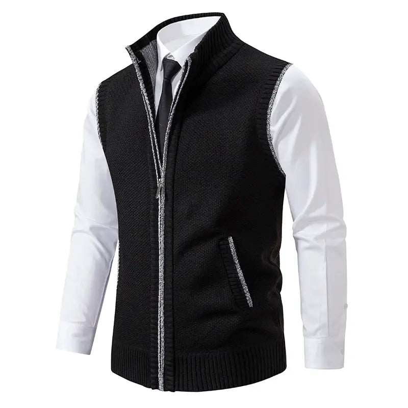 Men's black knit sleeveless vest with stand collar, zip front and grey-trim pockets