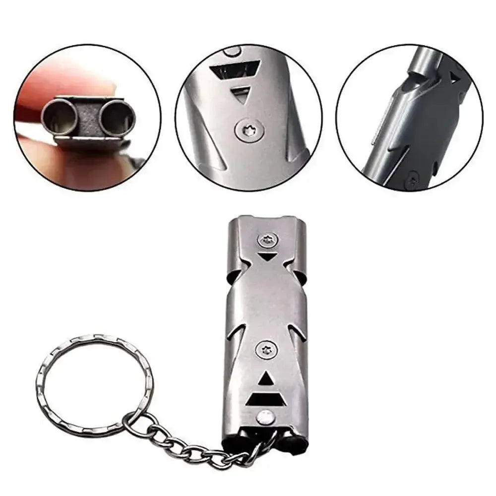 Double pipe whistle pendant keychain in silver metal, high-decibel outdoor survival tool Simples Market