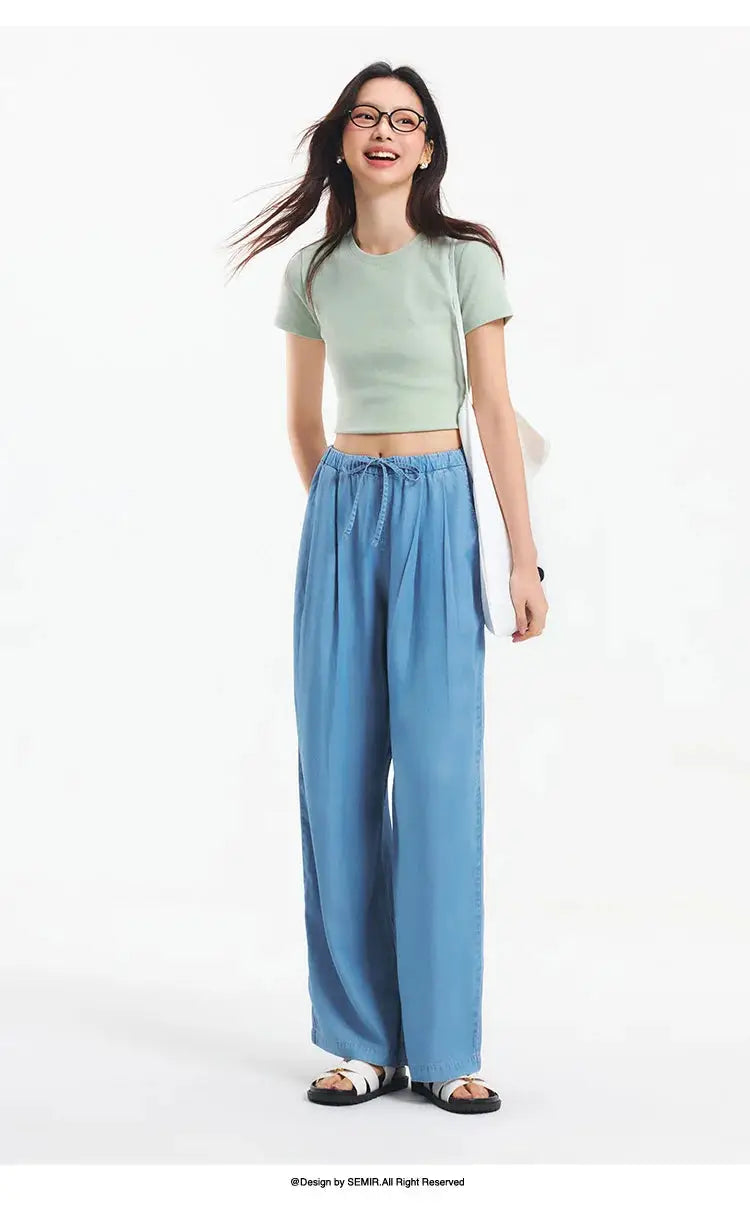 Semir Elastic Waist Denim Pants Women Draped Fit Wide Leg Trousers