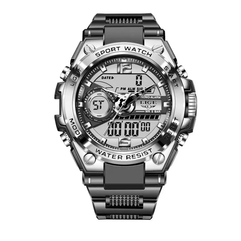 LIGE men's military sport watch with silver stainless steel band and LED digital display, 50m water resistant