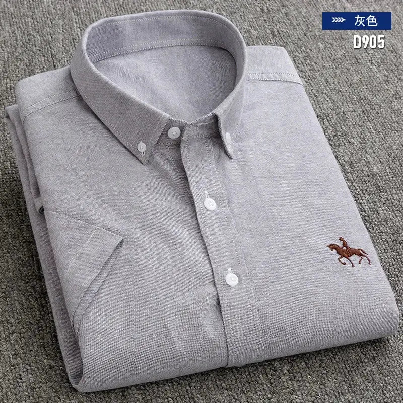 Men's gray cotton Oxford shirt with button-down front and brown horse embroidery