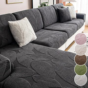 Jacquard sofa cushion cover in gray with leaf pattern; waterproof, elastic slipcover for living room couches.