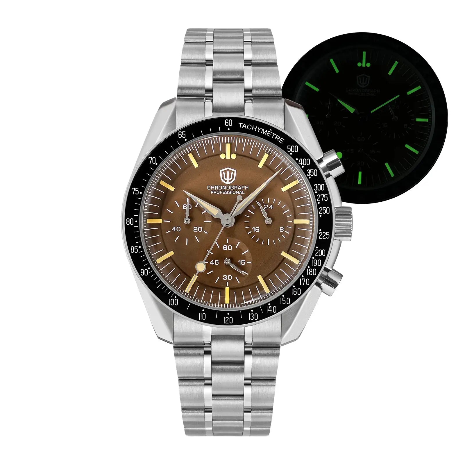 Watchdives WD1863 chronograph watch with brown dial and stainless steel bracelet; black tachymeter bezel