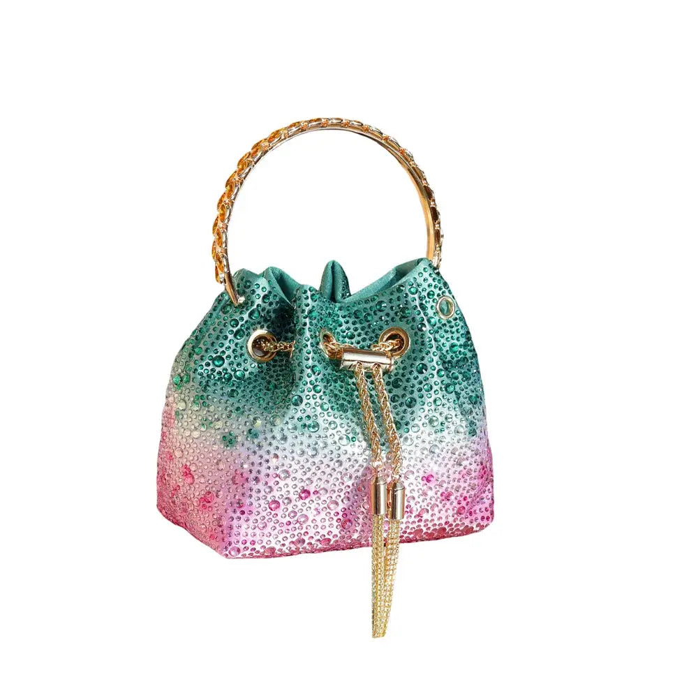 Simples Market rhinestone evening clutch bag with teal-to-pink gradient and gold chain handle