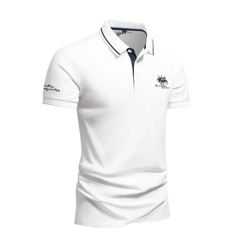 Men's white polo shirt by Simples Market, short sleeves, navy collar trim with chest embroidery