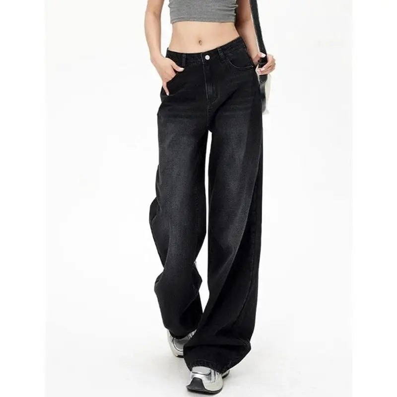 Lady Retro High Waist Black Gray Denim Jeans For Women Straight Leg