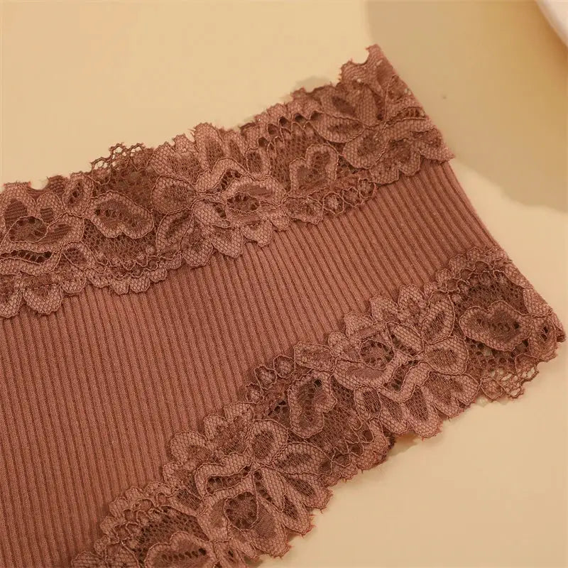 5Pcs set women's cotton panties with floral lace trim in dusty pink.