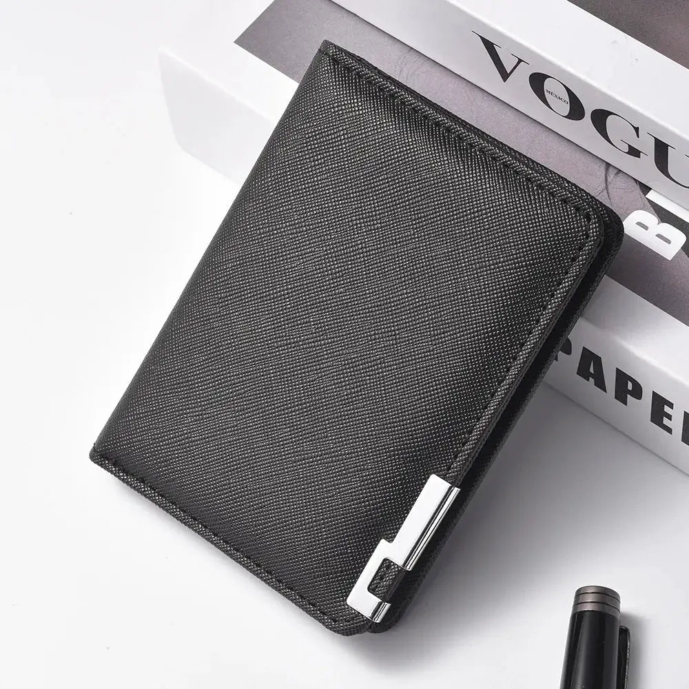 Slim black faux leather wallet with metal clip and multiple card slots.