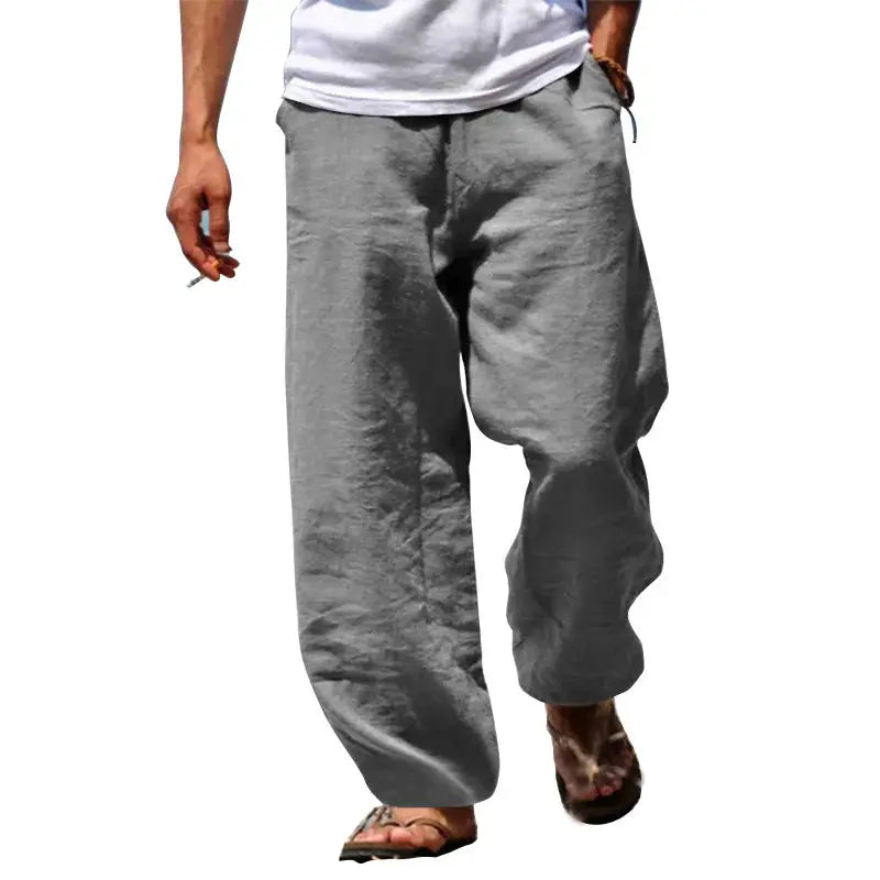 Men's cotton-linen pants in gray, breathable loose-fit long trousers with drawstring