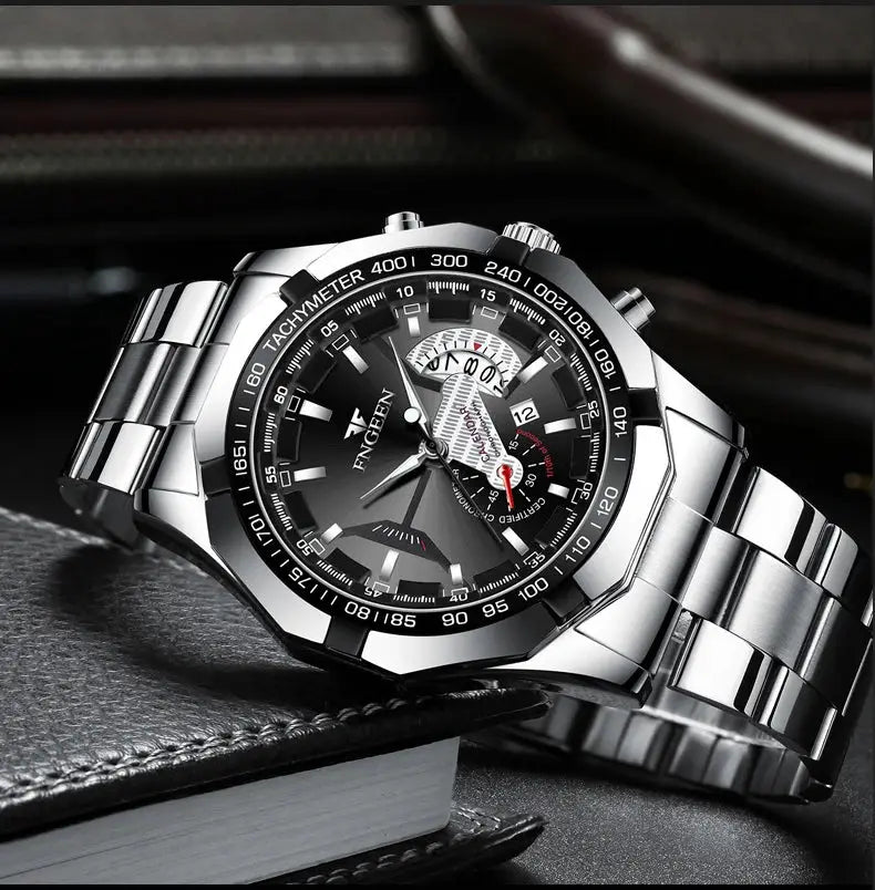 BINBOND original quartz men's wristwatch, stainless steel band, black dial with luminous hands and tachymeter bezel.
