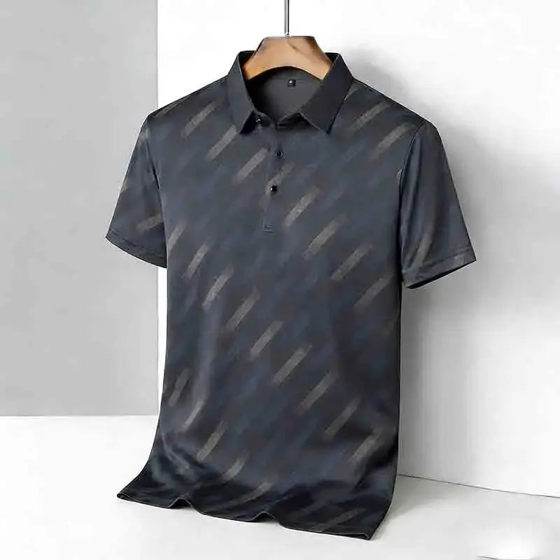 Men's polo shirt with short sleeves, dark gray diagonal striped print, polo collar.