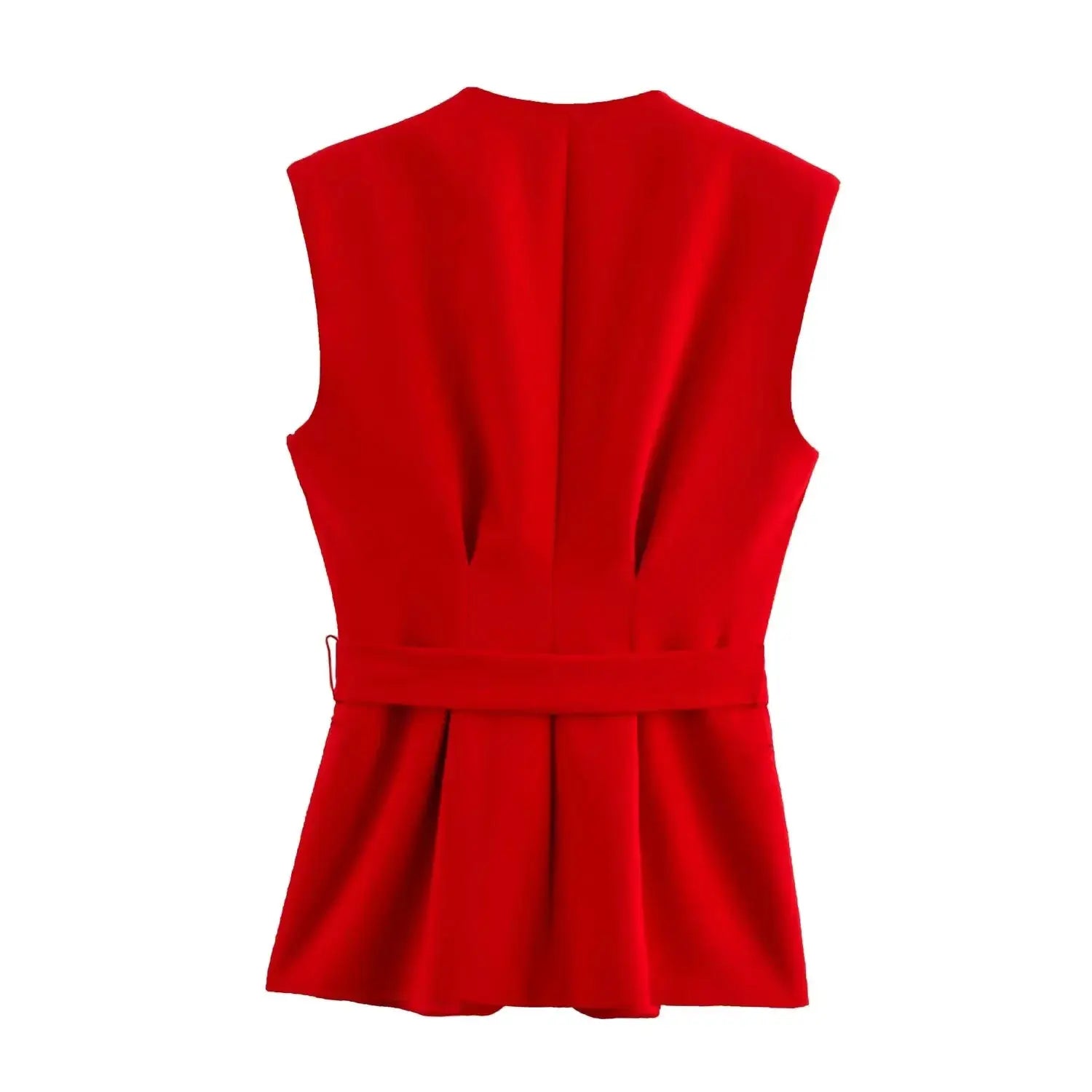 KONDALA red sleeveless blazer dress with waist belt and pleated skirt