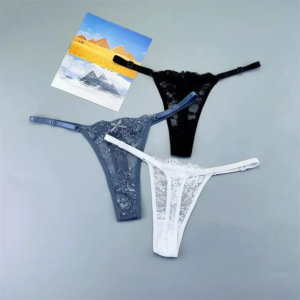 3-pack lace thong underwear by Simples Market in black, blue-gray, and white with adjustable straps