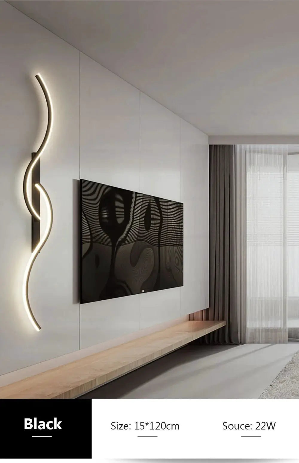 Modern black LED wall lamp with a curvy sculptural strip mounted beside a TV.