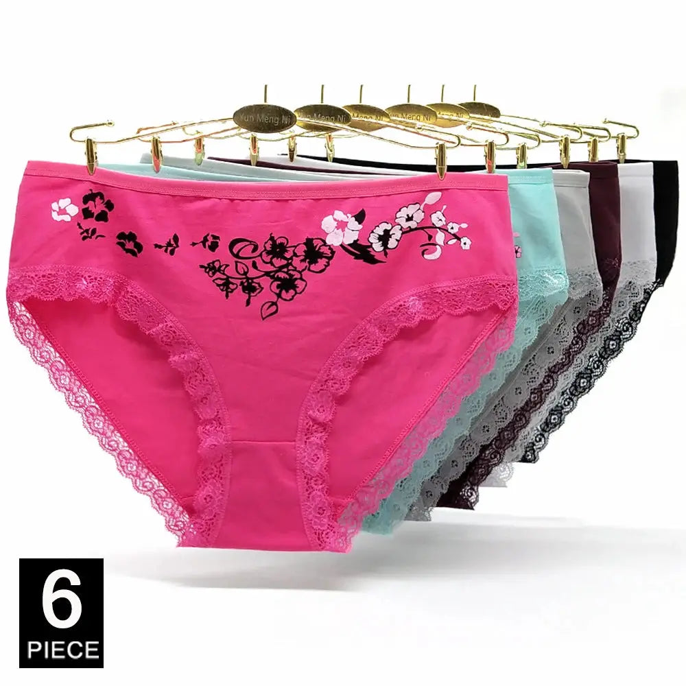 Women's cotton briefs set with lace trim and floral print, mid-rise, assorted colors, 6-piece set