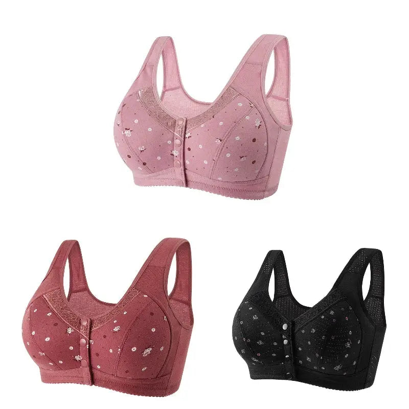 FallSweet 3Pcs Front-Closure Bra set for plus-size women; seamless wireless lace bralettes in pink and black