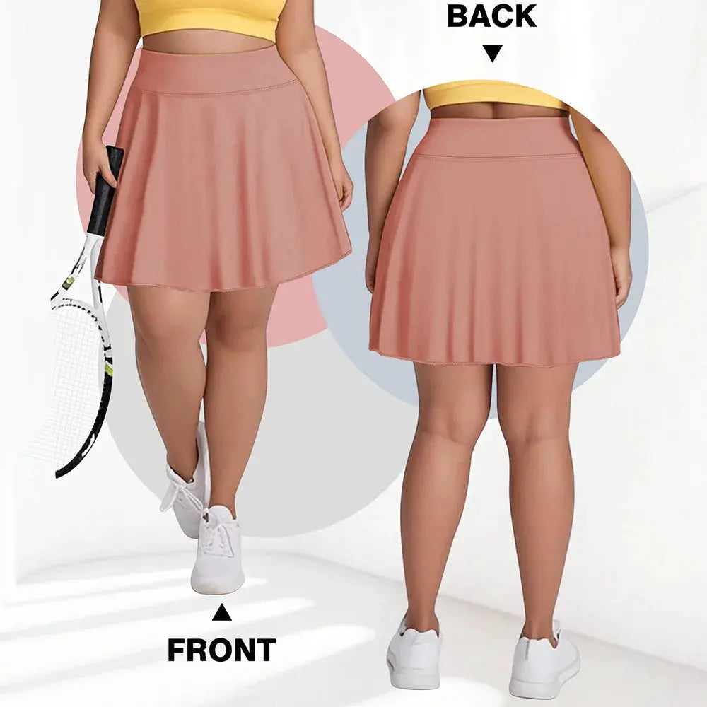 Plus-size high-waist pocket sport skirt by Simples Market in pink for gym/outdoor fitness (front & back)