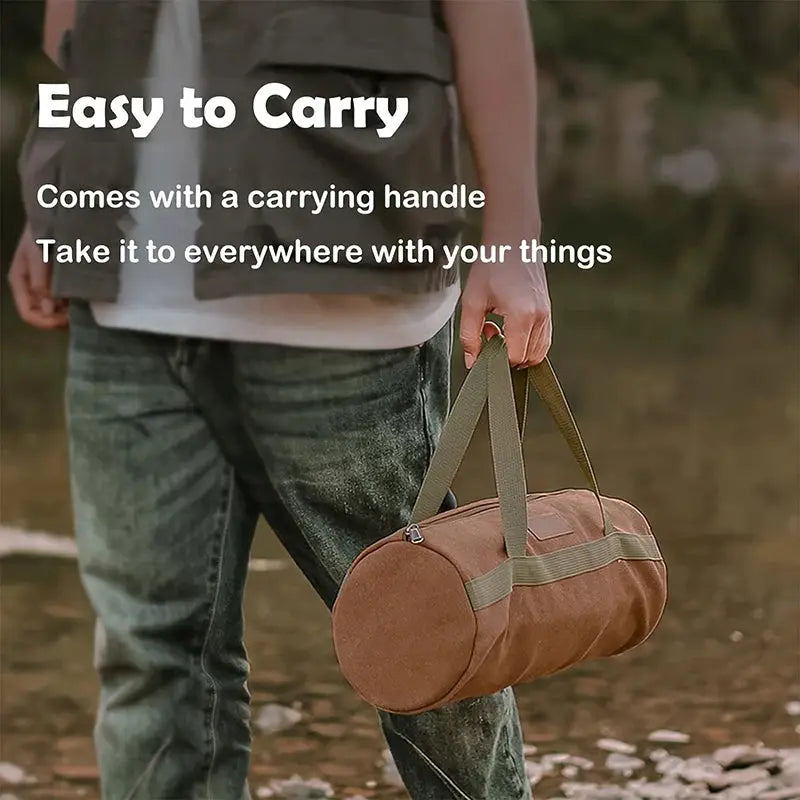 Camping tools storage bag, brown cylindrical design with carrying handles for tent pegs and ground nails.