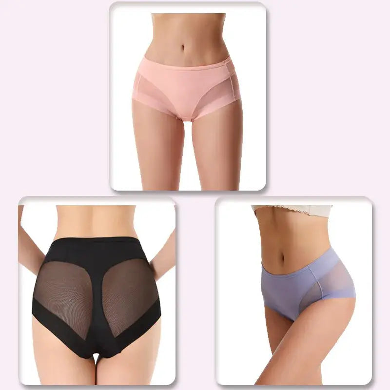 Mid-rise mesh panel shaping briefs set by Simples Market; tummy control, butt lifter, pink, black, and lavender