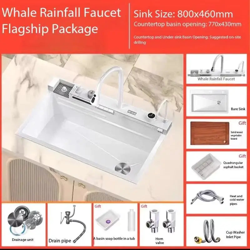 Stainless steel kitchen sink with waterfall faucet; large single-slot basin, left-side drainage by Simples Market.