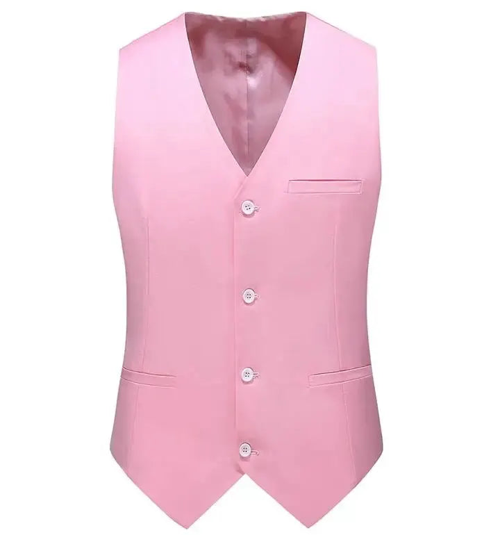 Men's pink waistcoat with white buttons, slim-fit V-neck